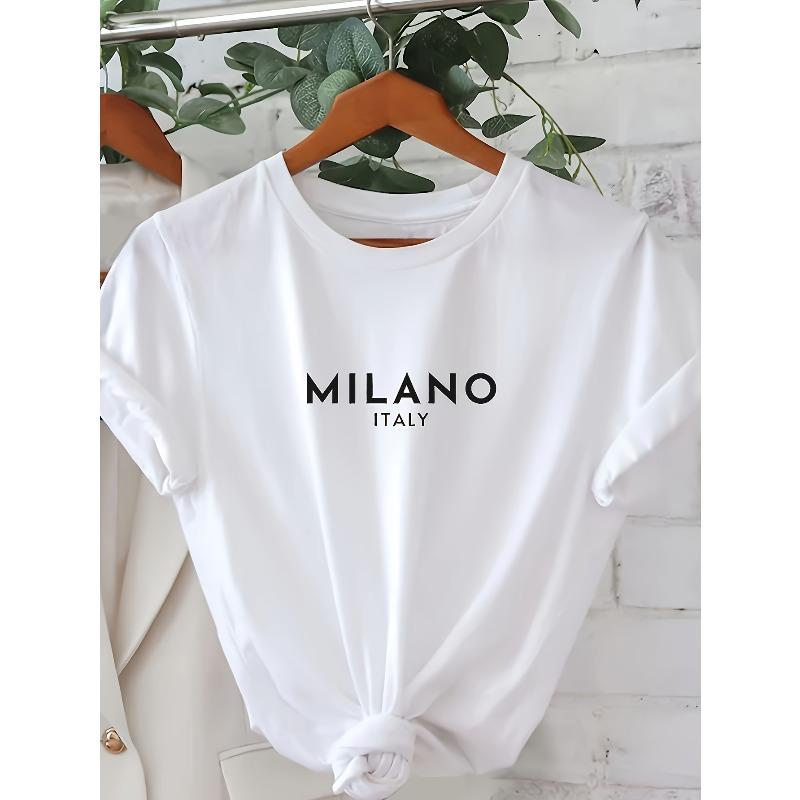 

Milano Letter Print T-shirt, Casual Crew Neck Short Sleeve Top For Spring & Summer, Women s Clothing S белый