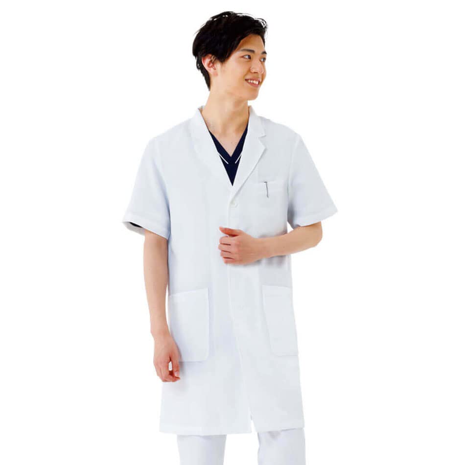 [Nursery] Daily Short-Sleeved Doctor s Coat for Men, Wrinkle-Resistant, Lab Coat, Doctor s Coat, Examination Coat, with Pockets, Medical, Size M, Whit