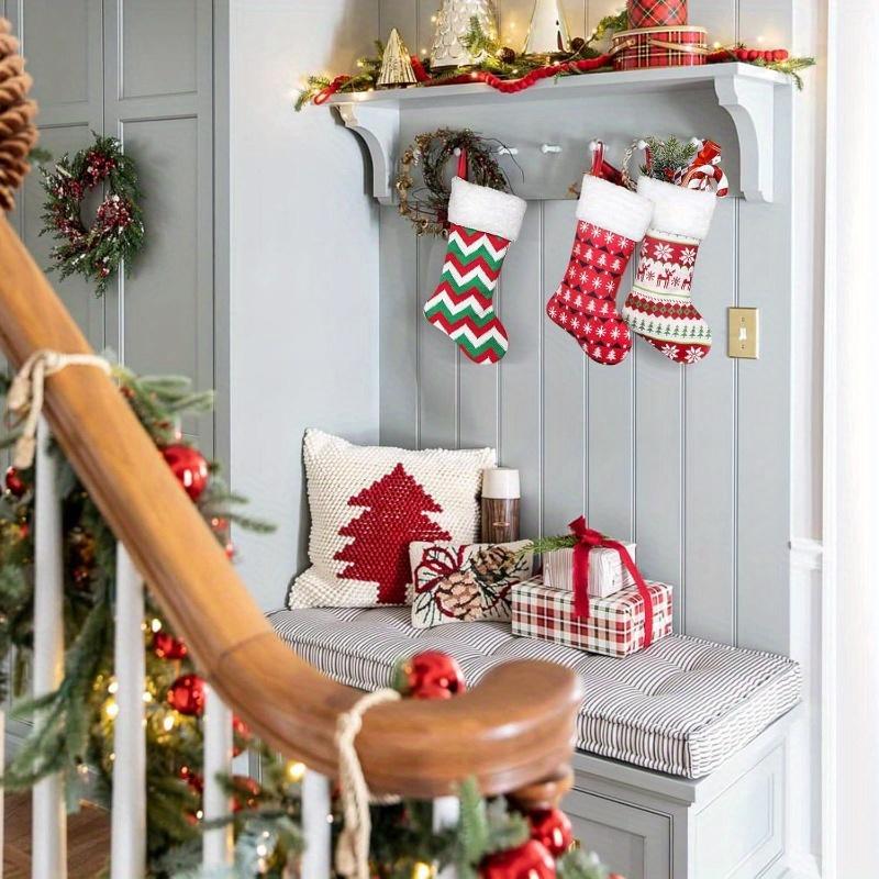4 Pairs Festive Knitted Christmas Stockings - Decorative Hanging Socks with Holiday Motifs, Snowflakes, Christmas Clothes, Christmas Decor