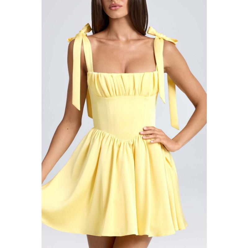 Women's Fashion Square Neck High-Waisted Pleated Panel-Seamed Bow-Tie Strapless Dress