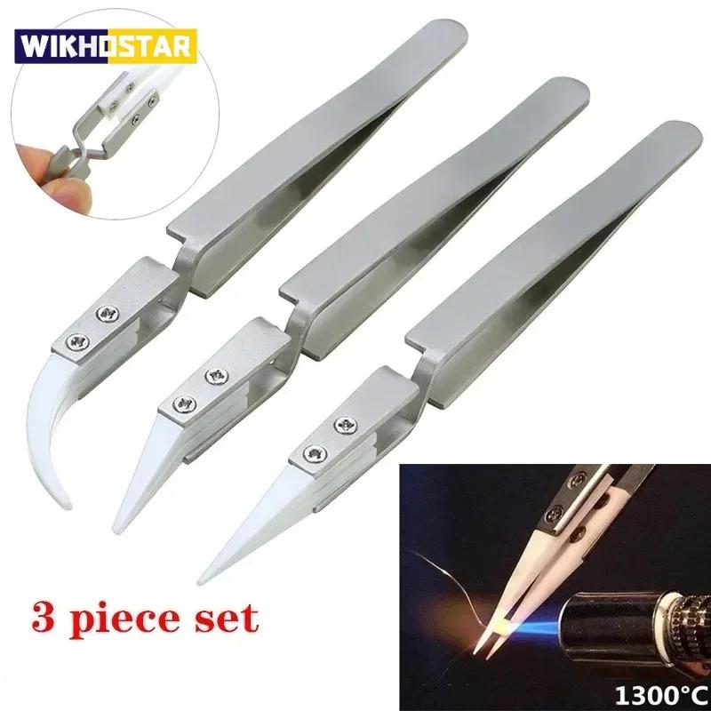 3pcs Ceramic Tip Labor-saving Electronic Soldering Tweezers, Anti-Static Reverse Acid Resistant Precision Chuck Tweezers 2025