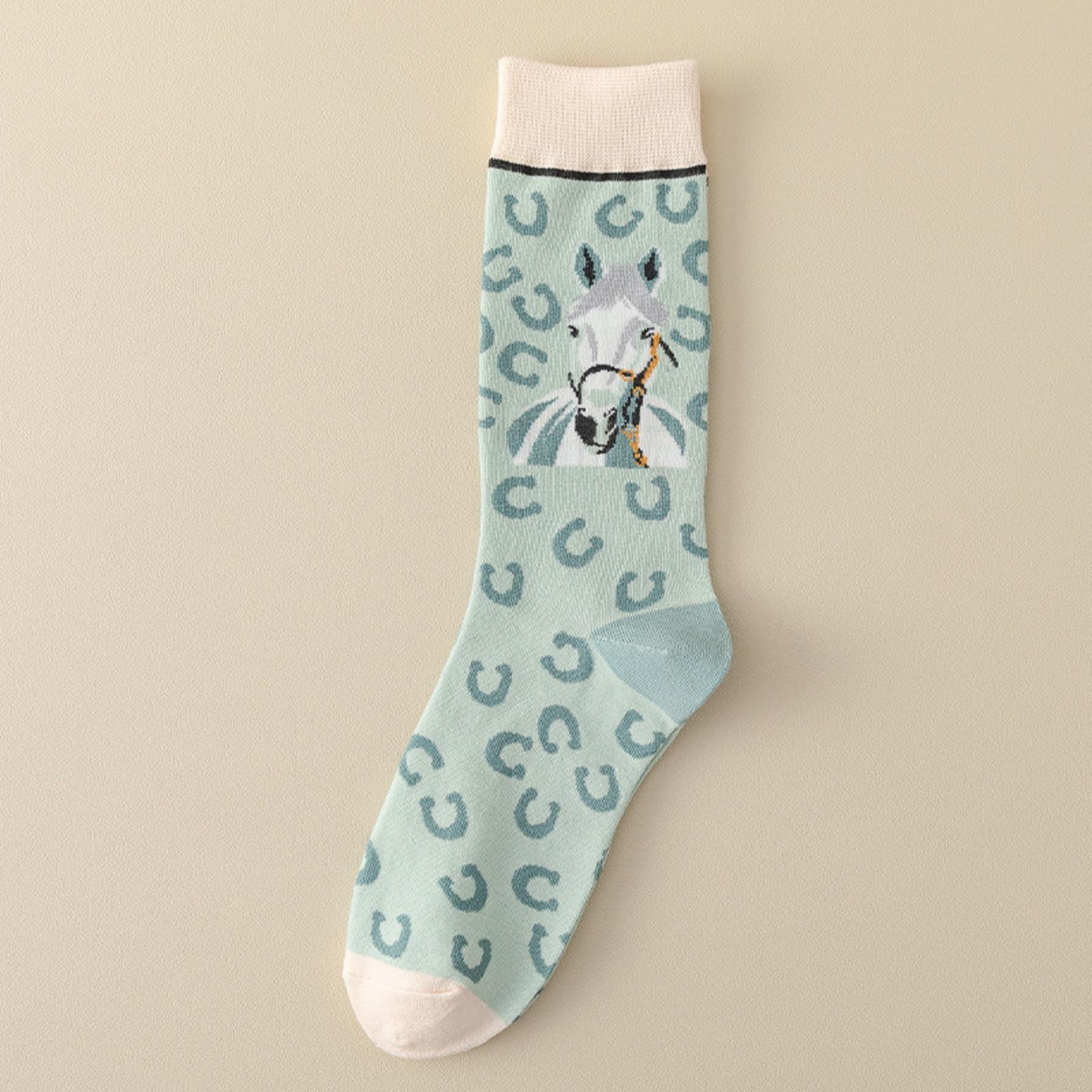 

Socks: Cartoon Horse Design In Contrasting Colours Retro-inspired, Versatile And Fun Breathable Mid-calf Length For Women One Size зелёный
