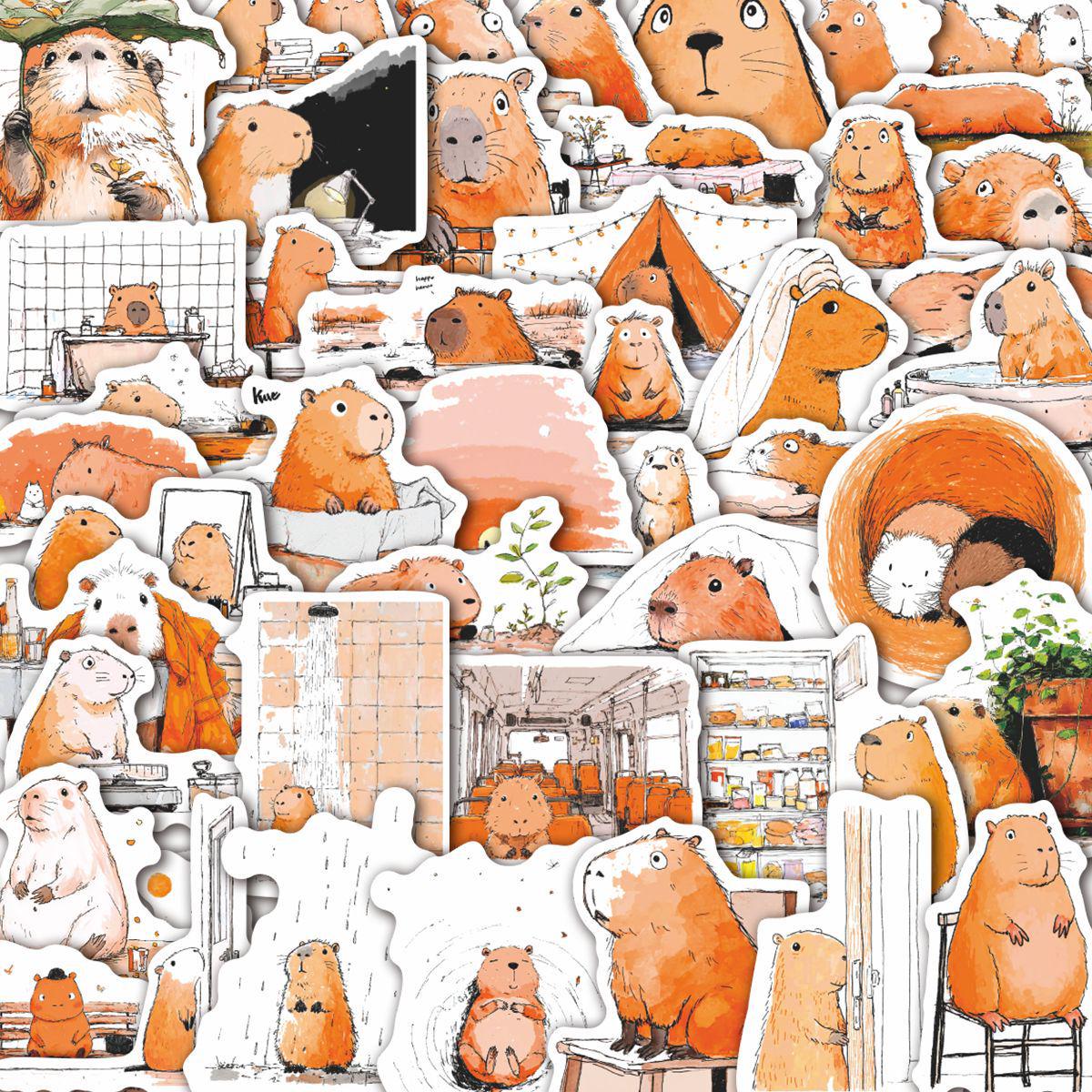 50 Hand-Painted Capybara Stickers for Journals - Cute Cartoon Design