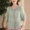 Johnature Women Embroidery Floral Shirts O-Neck Half Sleeve Tops Summer Solid Color Women Button Blouses