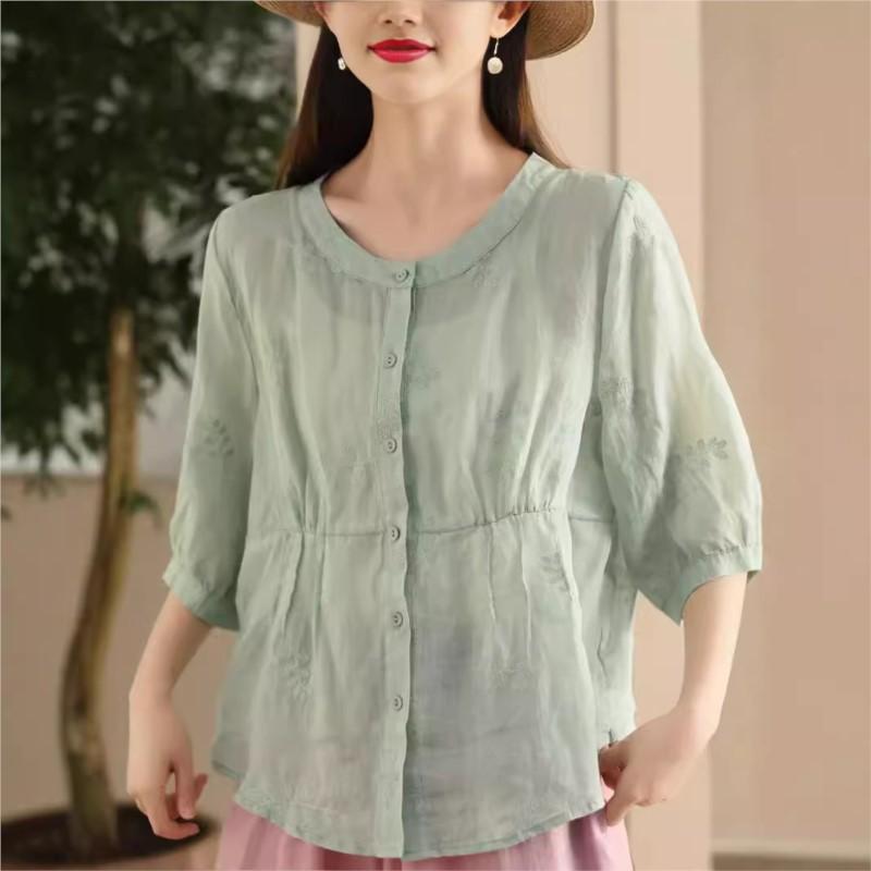 Johnature Women Embroidery Floral Shirts O-Neck Half Sleeve Tops Summer Solid Color Women Button Blouses