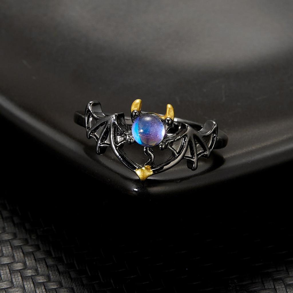 Angel and Demon Wings Couple Ring For Women Rose Gold Colour Black Fashion Moonstone Adjustable Opening Men's Ring Party Jewelry