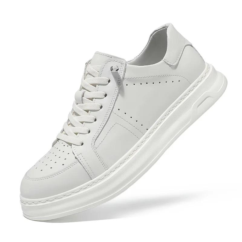 New Designer Men Genuine Leather Casual Shoes Thick-soled White Flat Skate Shoes Young Man Chunky Sneaker 39