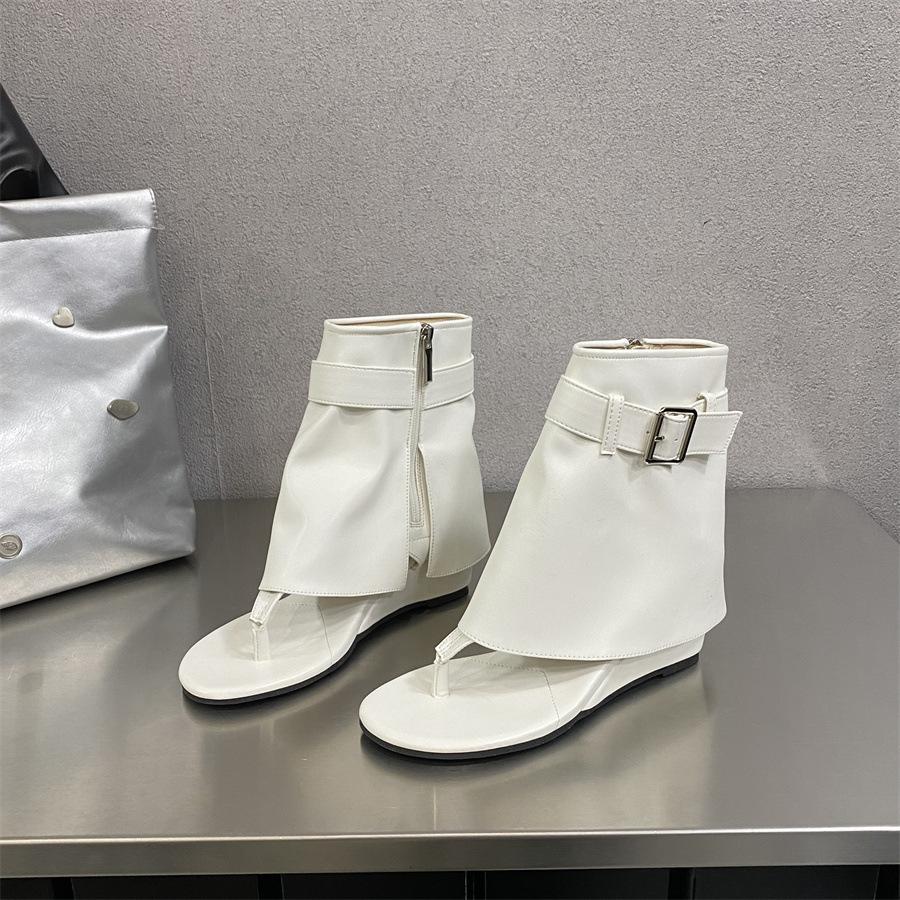 2025 new round head side zipper personalized toe wedge heel belt buckle high heel cool boots herringbone Roman sandals women's shoes