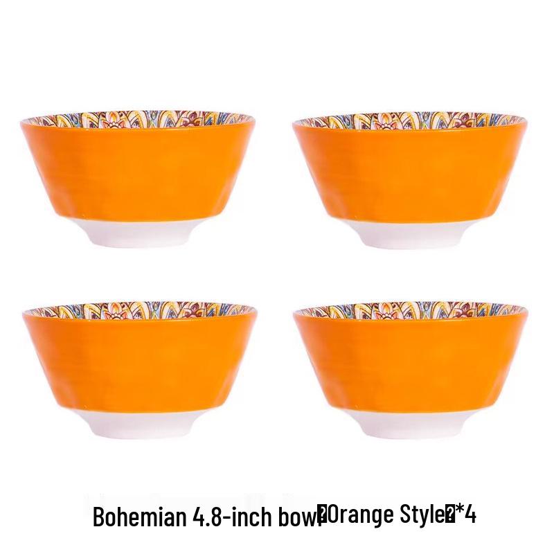 Bohemian Ceramic Rice Bowl Set - High-Temp Resistant, Colorful Underglaze Design