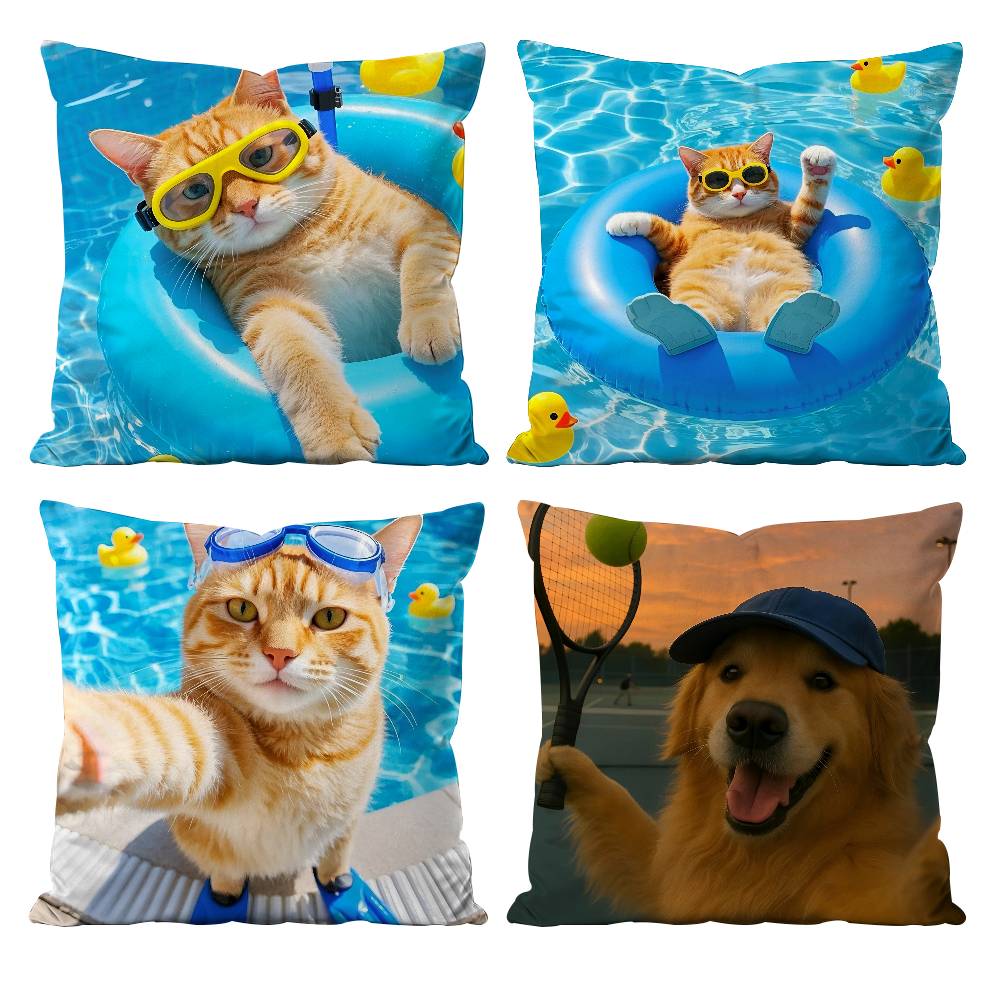 Funny Anime Cat&Dog Pillow Case Anti-dustmite Pillowcase Invisible Zipper Silky Short Plush Sofa Cushion Cover