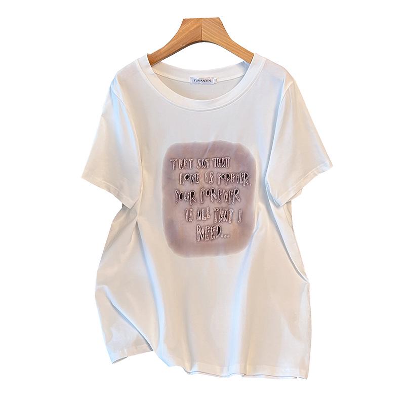 Women's Plus Size Slimming Loose Mid-Length Round Neck T-Shirt (Short Sleeves) 