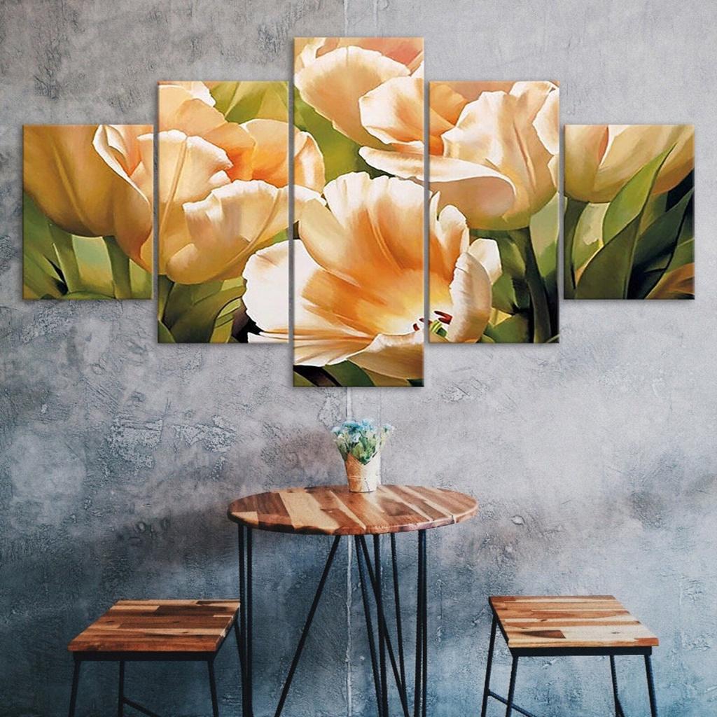 Champagne Tulips Flowers 5 Piece Five Panel Wall Canvas Print Modern Art Poster Picture Home Decor Gift For Him For Her