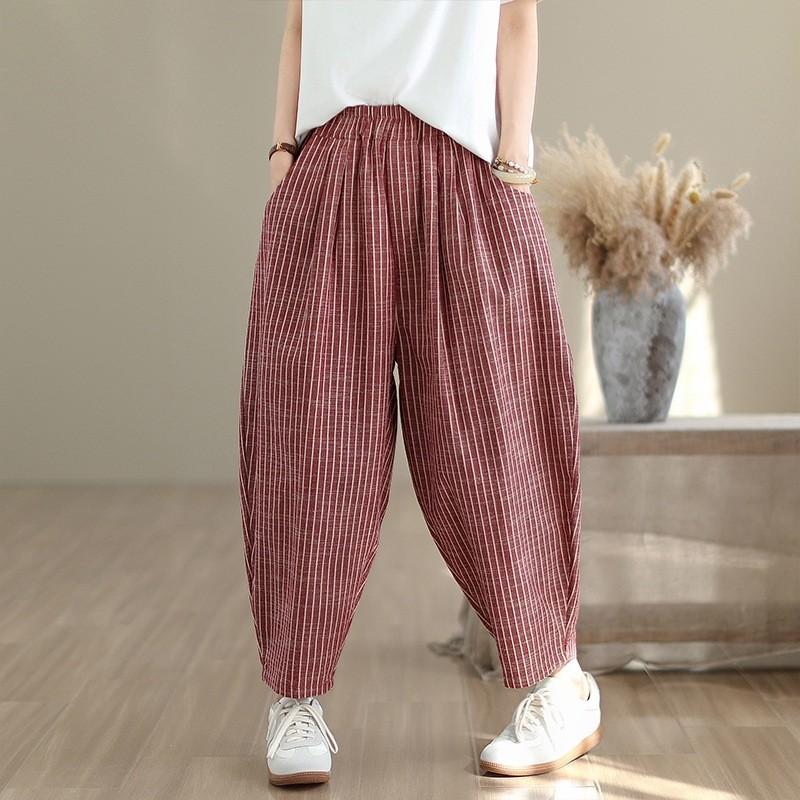 Yarn-dyed cotton and linen striped Harlan pants women's 2025 summer new elastic waist thin loose nine-point casual pants
