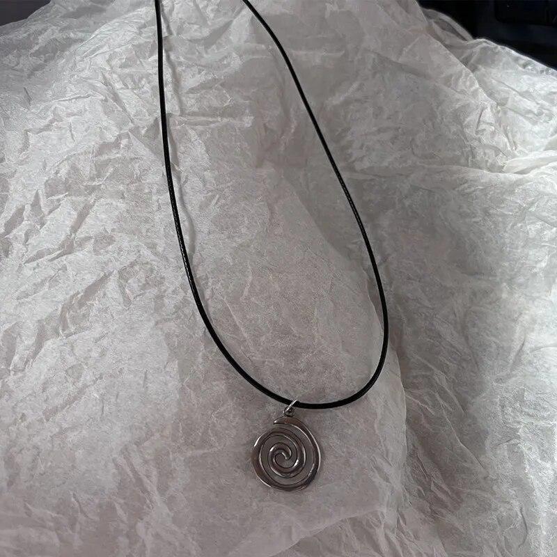 Simple Silver Color Metal Heart Cross Vortex Pendant Necklaces Black PU Leather Rope Chain Choker Necklace For Women Ladies