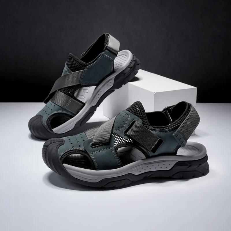 Fashion Quick Dry Men Sandals PU Leather Male Summer Shoes Outdoor Walking Beach Flats Anti-collision Toe Sneakers Wading Aqua Sandalias