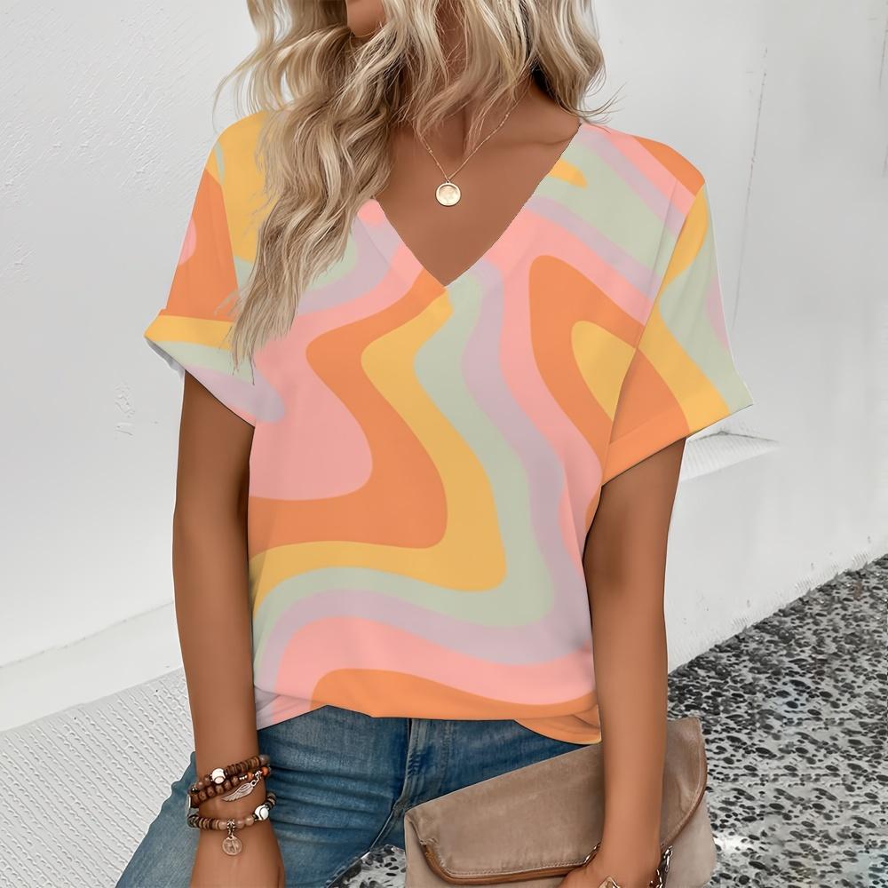 Summer Leisure V-neck T-shirt Women's T-shirt Retro Stripe Pattern Print Fashion Print T-shirt Elegant Short Sleeved T-shirt