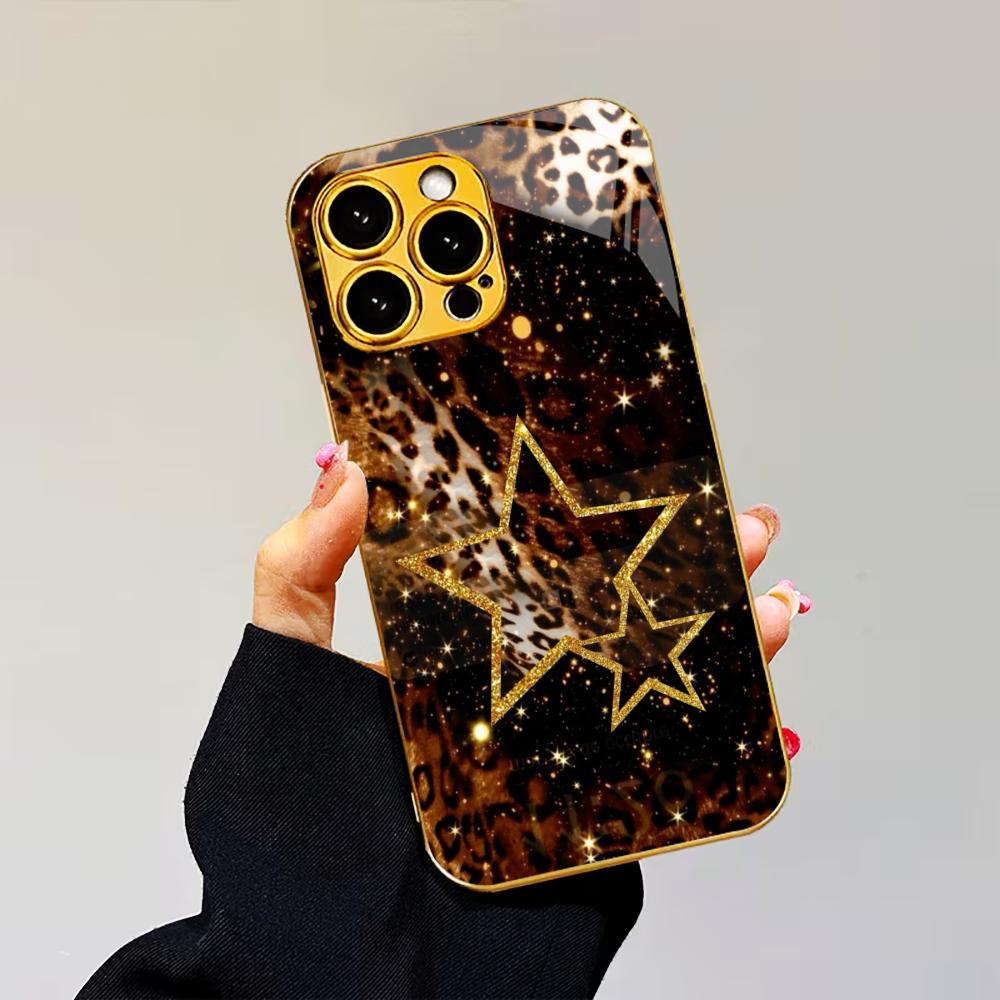 Leopard Pattern Stars Exquisite Luxurious Phone Case Electroplated Glass PhoneCase for iPhone 17 16 15 14 13 12 11pm Pro Plus