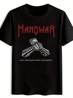 Vintage Rockband Grafik T-Shirt - Schwarz Kurzarm Rundhals mit "MANOWAR" Aufdruck