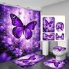 4Pcs Purple Butterfly Shower Curtain Set with Non-Slip Bath Mat, Toilet Lid Cover, Contour Rug & 12 Hooks, Bathroom Decor