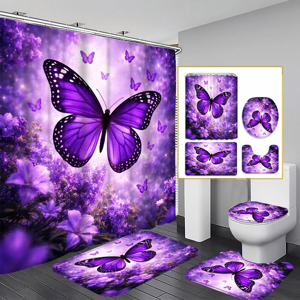 4Pcs Purple Butterfly Shower Curtain Set with Non-Slip Bath Mat, Toilet Lid Cover, Contour Rug & 12 Hooks, Bathroom Decor