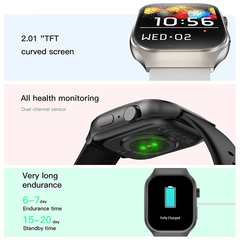 Zakrzywiony Smartwatch 2,01 cala Pełny Dotyk Smart Bransoletka Ćwiczenia na Świeżym Powietrzu Monitorowanie Tętna Smartwatch