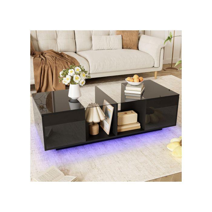 Table basse moderne noire avec éclairage LED, plateau de table brillant, 120 x 50 x 38,5 cm