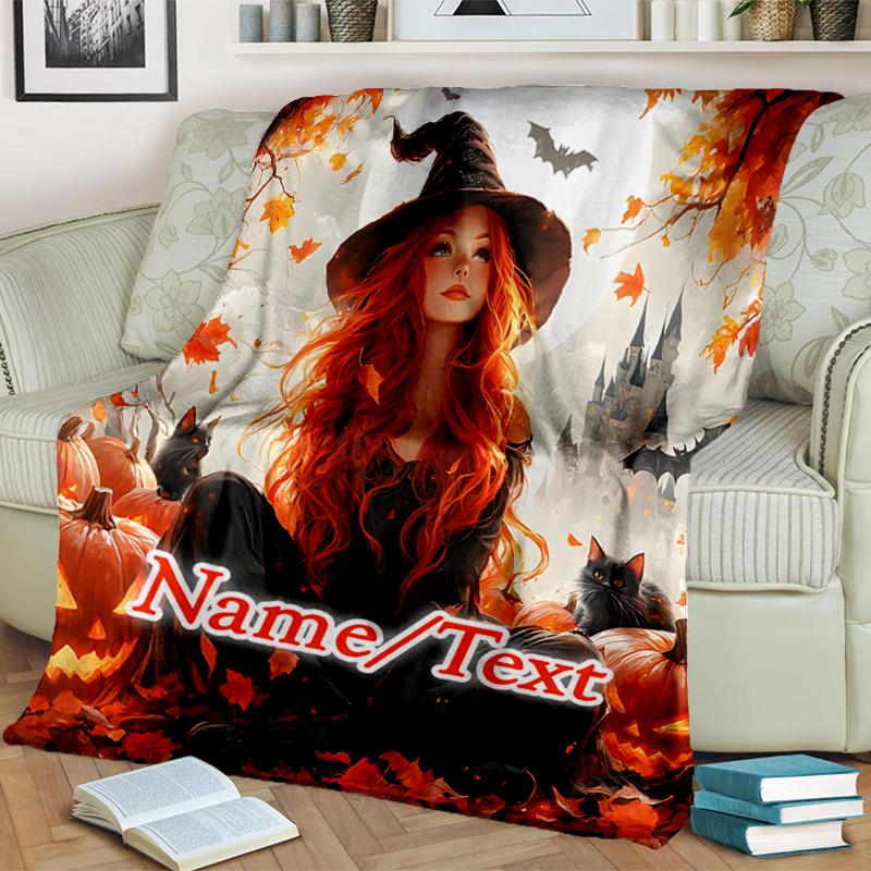 1PC Custom Name Witch Autumn Leaves Outdooor Flannel Blankets Throw Blanket All-Season Throw Gift Bedspread for Couch, Bed, Camping Holiday Birthday G