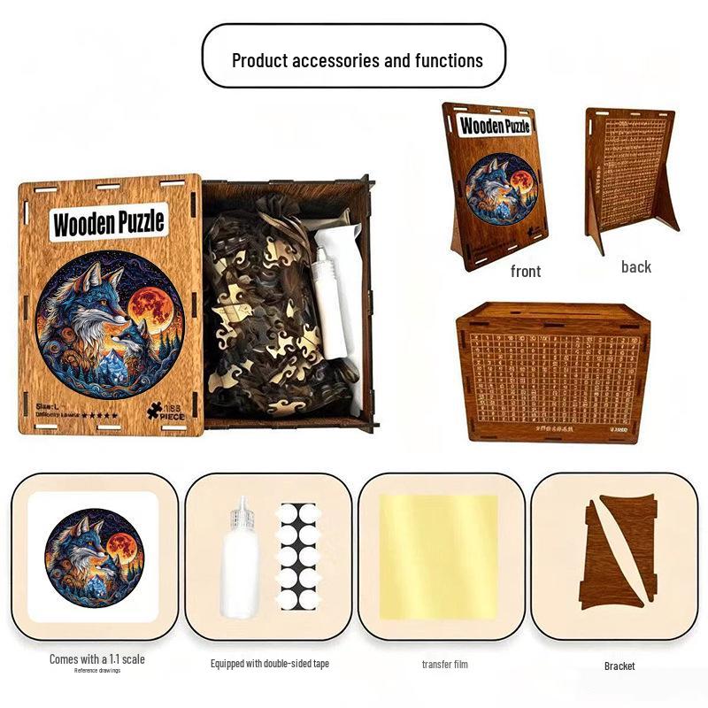 Wolf Pack Round Wooden Puzzle: Educational Irregular Shape Toy, Decorative Painting, Decompression Puzzle, and Money Box Gift.