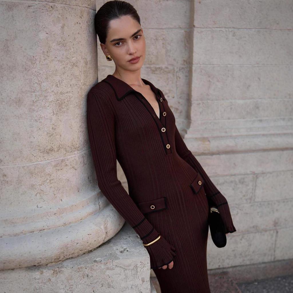 2025 Autumn European & American Women's Knitted Wool Dress with Button Shirt Collar