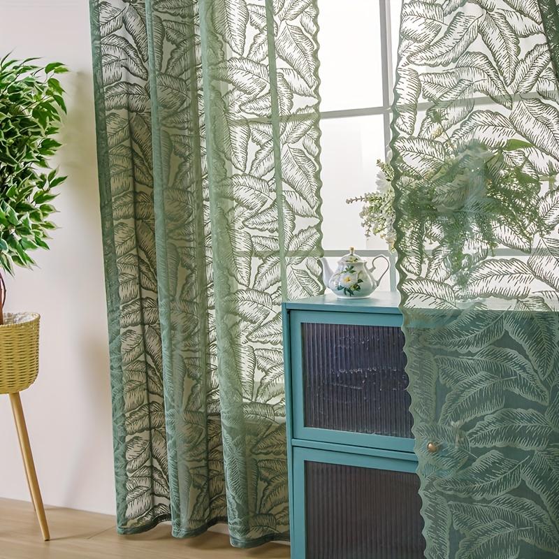 1 Panel French Country Green Leaf Print Semi-Sheer Gauze Curtain with Grommet Top Curtains For Living Room, Curtains For Bedroom, Sheer Curtains