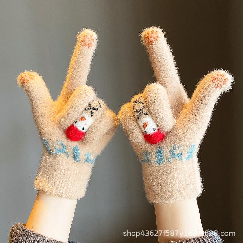 Damen Niedliche Cartoon Schneemann Gestrickte Woll-Touchscreen-Handschuhe - Warme Winter Weihnachtsreithandschuhe