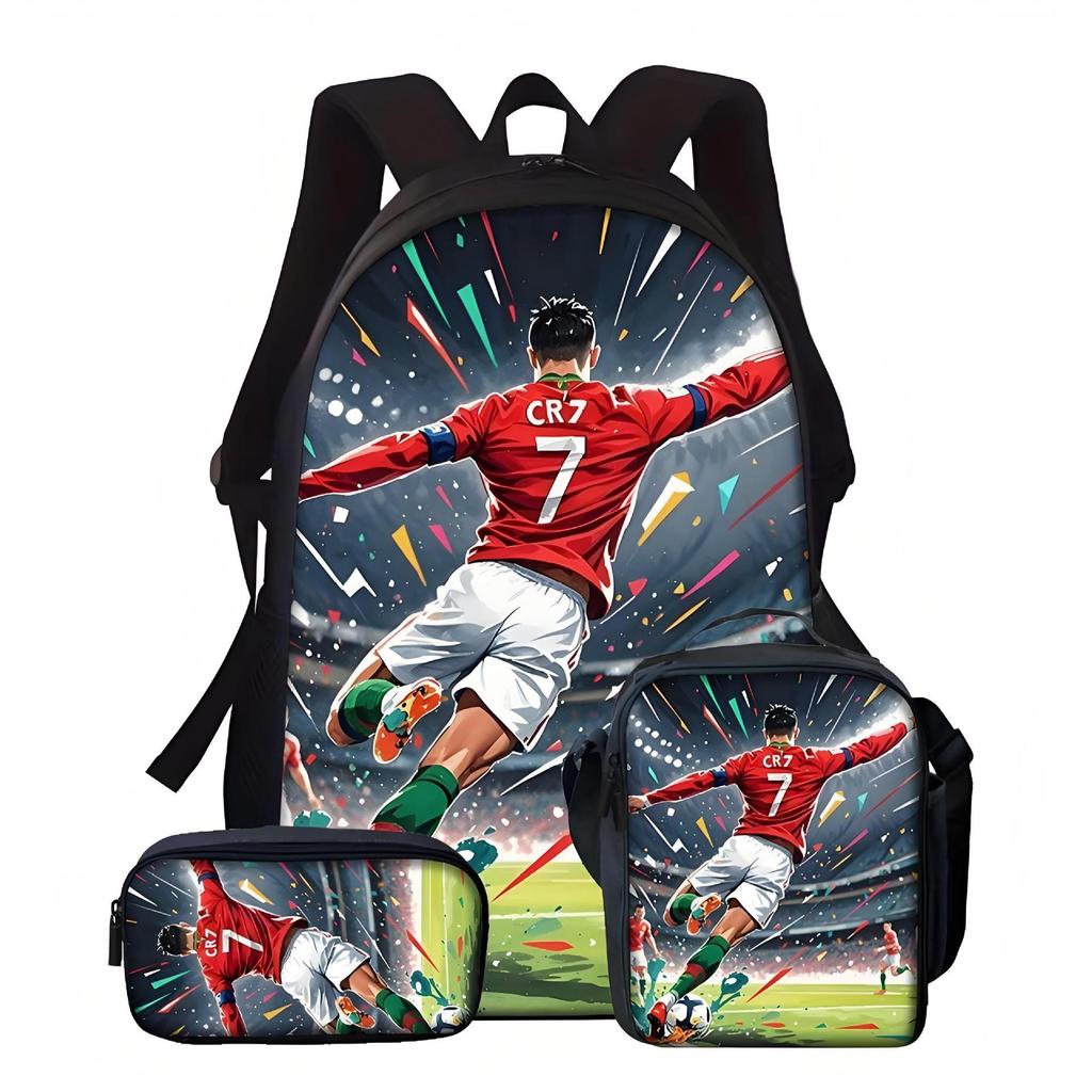 Casual Sports CR7 Print School Bag With Lunch Bag Pencil Case 3pcs Set Primary Student Boys Girls Backpacks Birthday Gifts