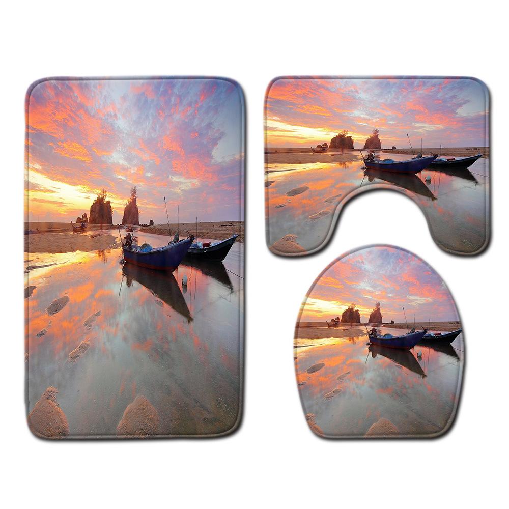 Beach View Bathroom Floor Mat Three-Piece Toilet Carpet Toilet Mat Set Door Mat Bathroom Non-Slip Mat
