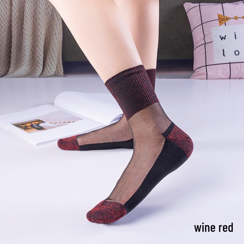 Women's Crystal Silk Stockings: Sexy Japanese Style, Non-slip Korean Design, Transparent Gold & Silver Thread, Mid-calf Socks