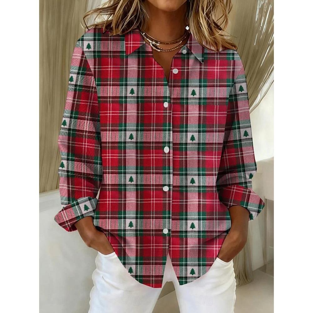 Christmas Women's Shirt Graphic Plaid Snowflake Elegant Vintage Tropical Long Sleeve Shirt Collar Regular Tops Daily Holiday