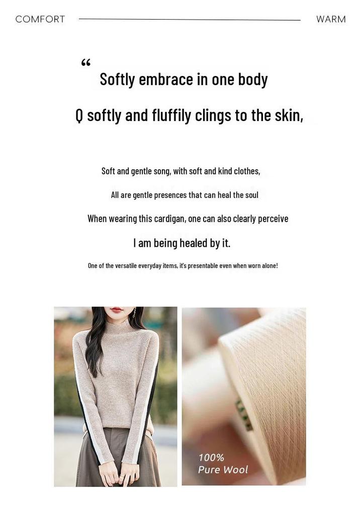 French Color-Block Ribbed Wool Knit Top - Women's New Autumn/Winter Long-Sleeved Half-High Neck