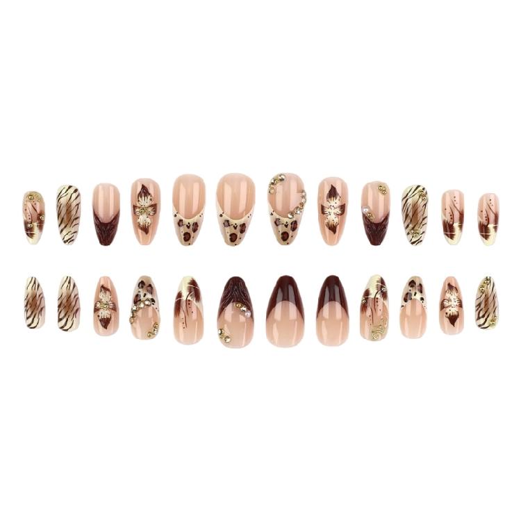 Ongle Press-On Style Français Avec Sculpture Florale Léopard 3D ABS Facile à Retirer Pour la Mode Quotidienne Professionnel
