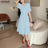 VONDA Women Casual V Collar Loose Half Sleeve Bow Knot Slim Waist Pleated Dress