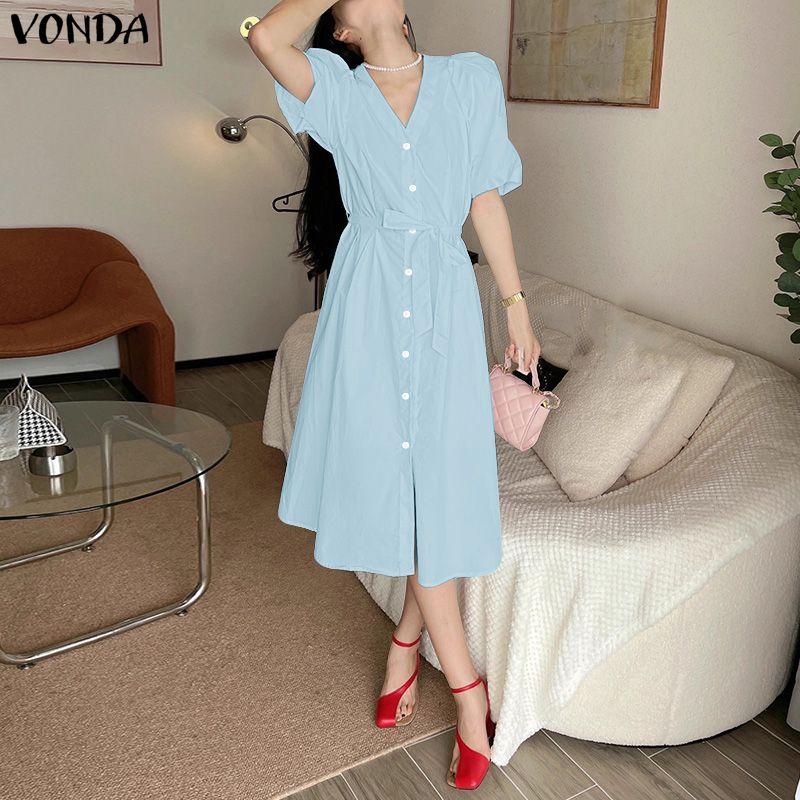 VONDA Women Casual V Collar Loose Half Sleeve Bow Knot Slim Waist Pleated Dress