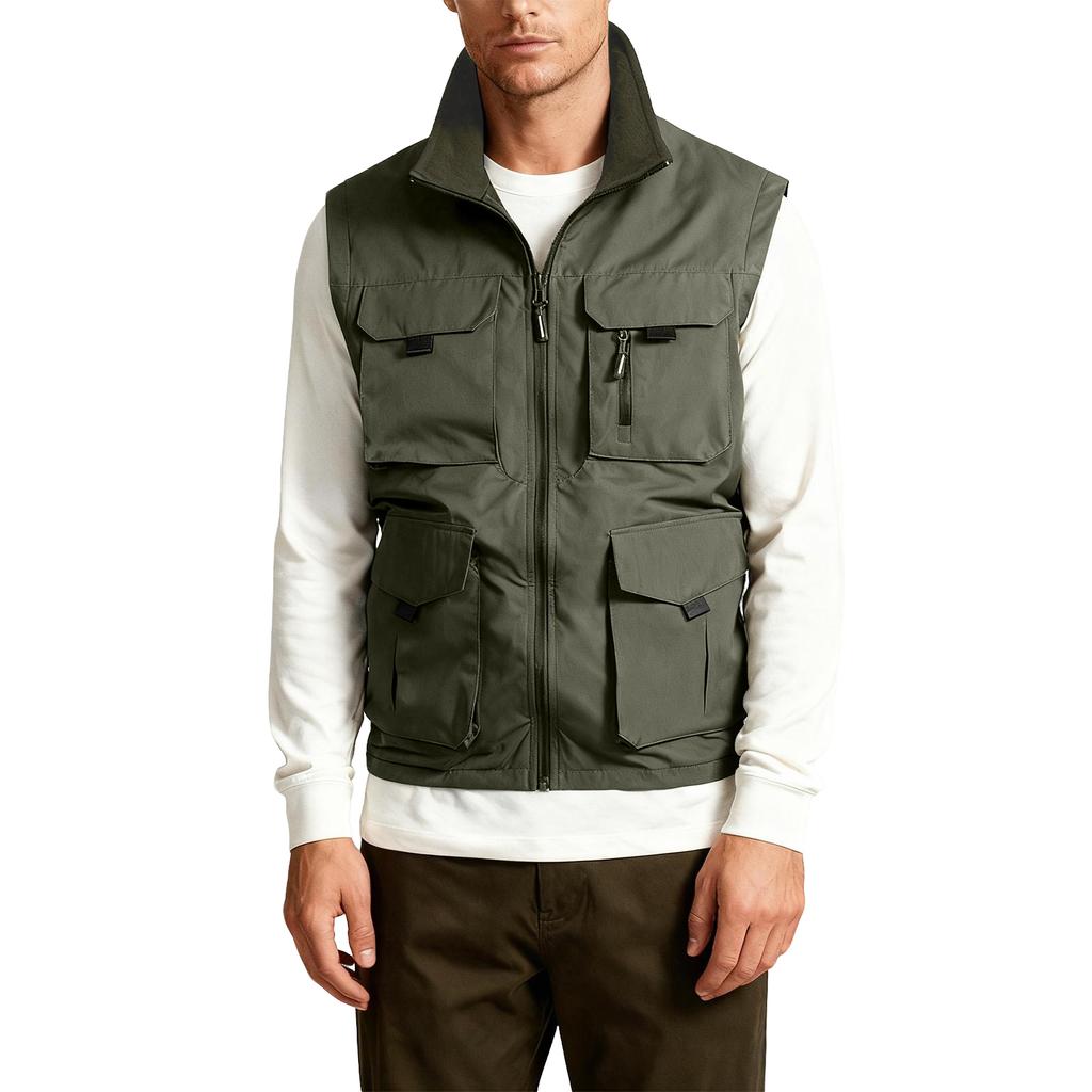 Men's Outdoor Cargo Vest Fishing Work Travel Photo Vests Zip Up Stand Collar Sleeveless Jacket With Pockets