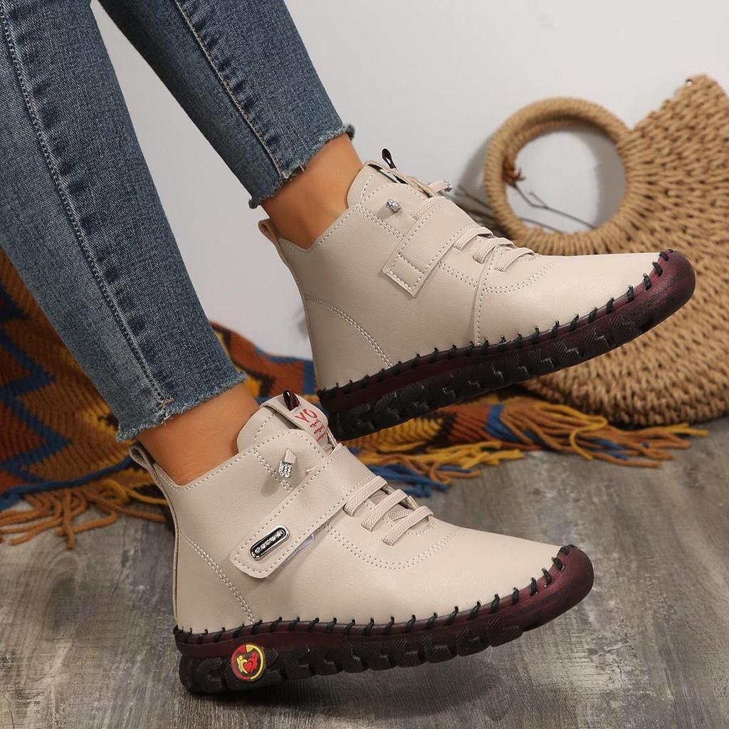 Winter Plush Women's Boots Oxford Handmade Sewing Soft Soled Sneakers Leather Ankle Boots for Women Warm Plush Cotton Shoes