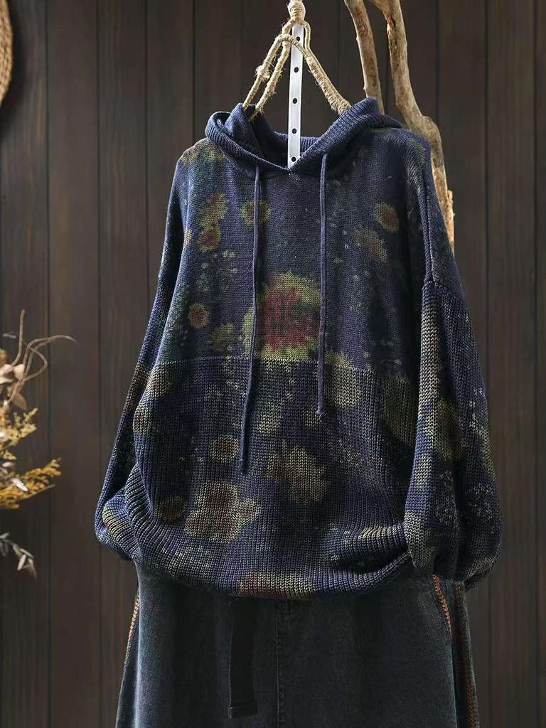 Vintage Print Drawstring Fashion Hooded Sweater Woman Winter Loose Long Sleeves Casual Sweater