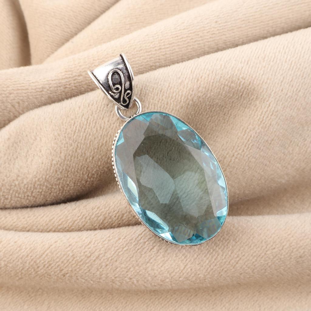 Sky Blue Topaz Gemstone 925 Sterling Silver Jewelry Designer Oval Pendant 1.8" For Birthday Gift PP-71-2