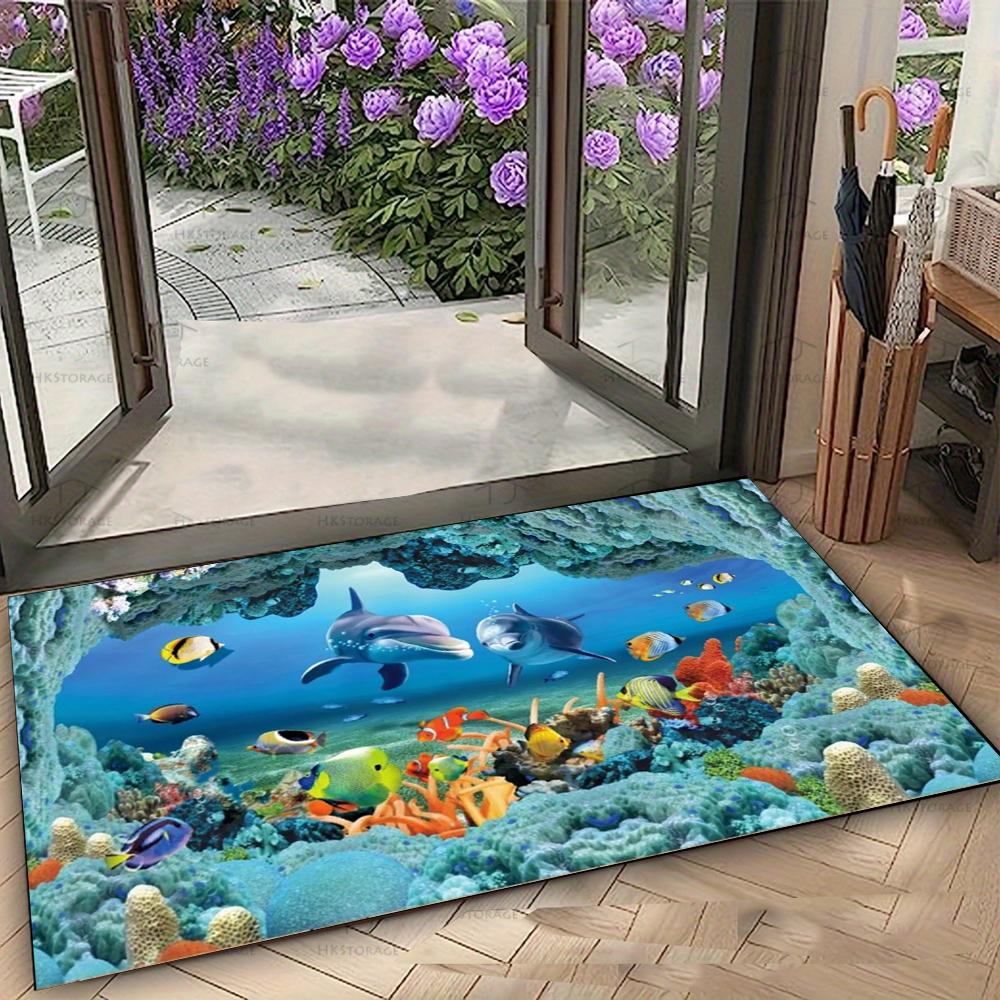 Lively Underwater World Door Mat with Dolphins and Colorful Fish Non-slip Floor Rug for Entrance Home Decorative Mat