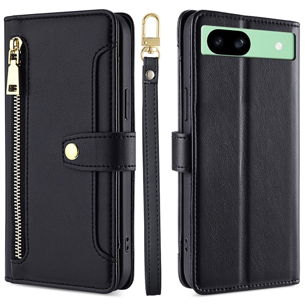 For Google Pixel 8a Phone Case PU Leather Protective Cover with Zipper Wallet