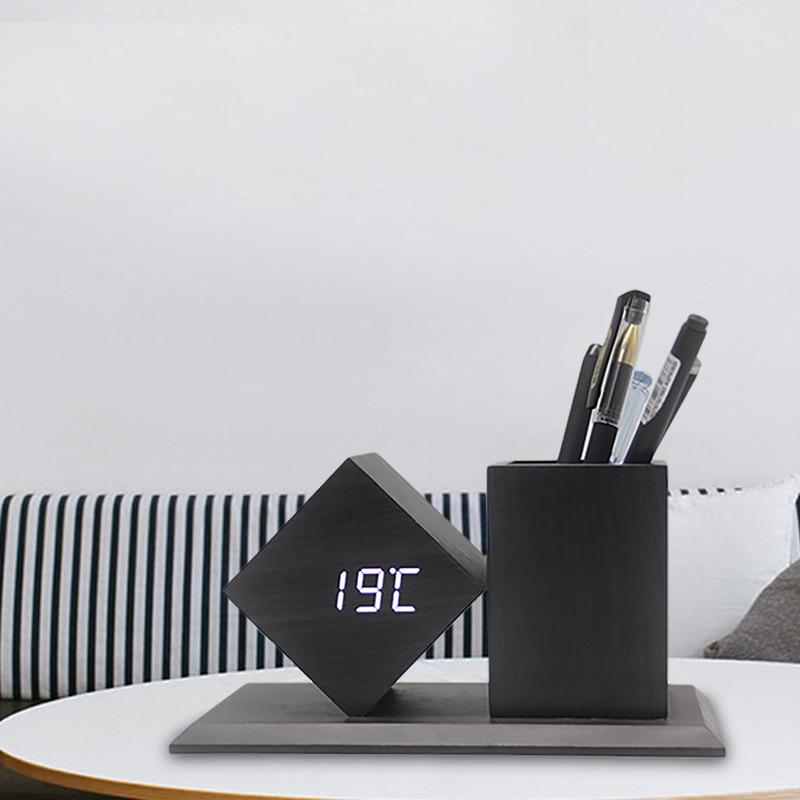 Creative Wooden Clock LED Smart Home Office Desk Pen Holder Wooden Electronic Clock Desk Organizer