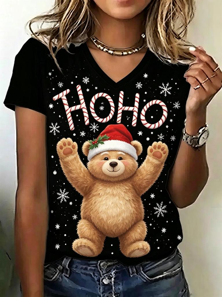 Women V‑Neck Short Sleeve T‑shirt Christmas Candy Cane Letter Graphic Print Xmas Holiday Party Casual Daily Tee Top