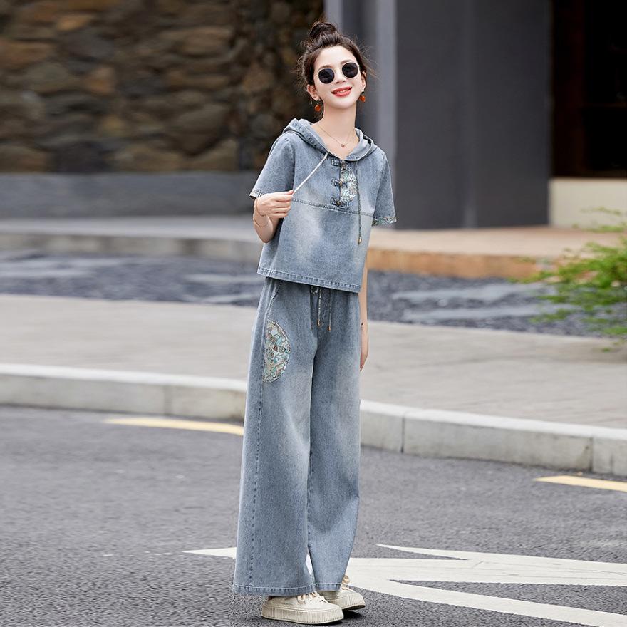 Denim wide-leg pants set women's summer new age-reducing temperament thin casual two-piece set