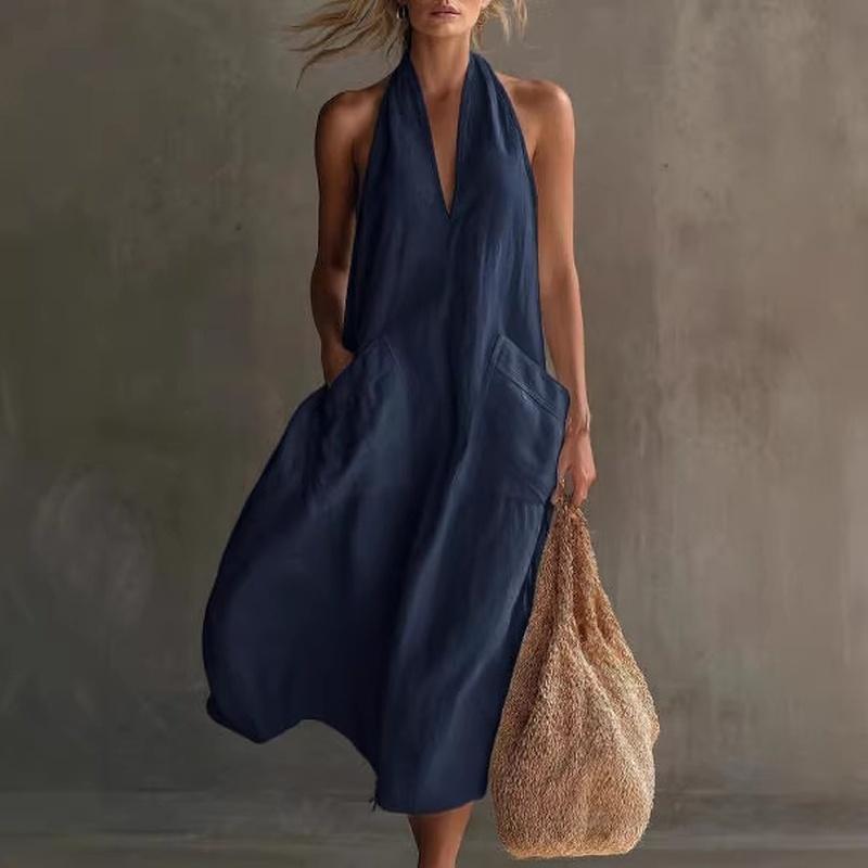 Women's Halter V Neck Sleeveless Loose Maxi Dress with Pockets Summer Dress