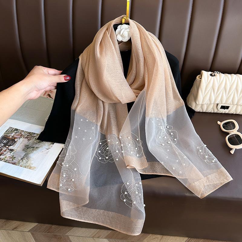 Elegant Organza Silk Scarf With Beads Solid Color 190*70Cm Long Scarves Embroidery Flowers Pearl Solid Shawls For Women Hijab